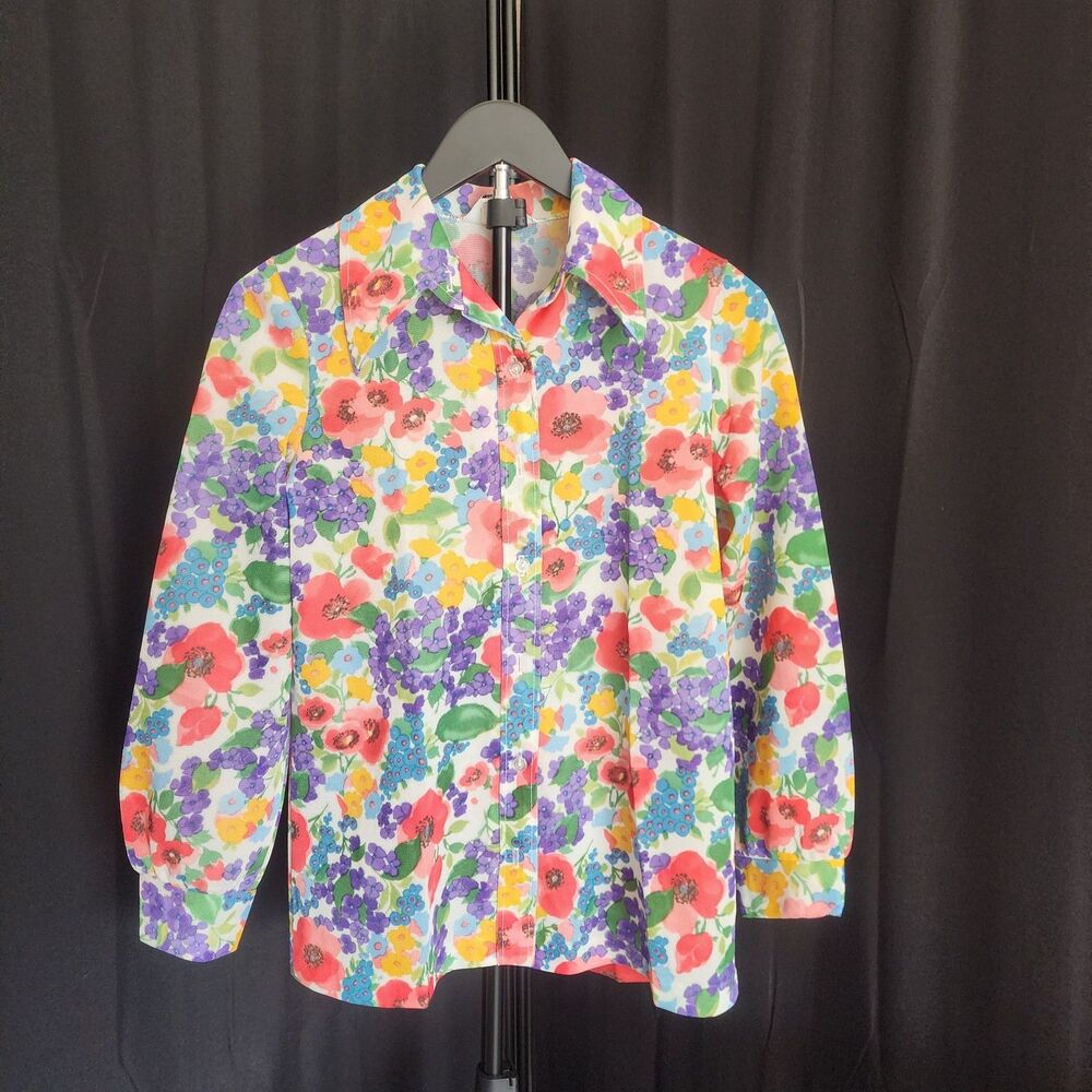 Vtg 70s NPC Fashions Floral Blouse Dagger Collar Button Up Retro Boho Chic